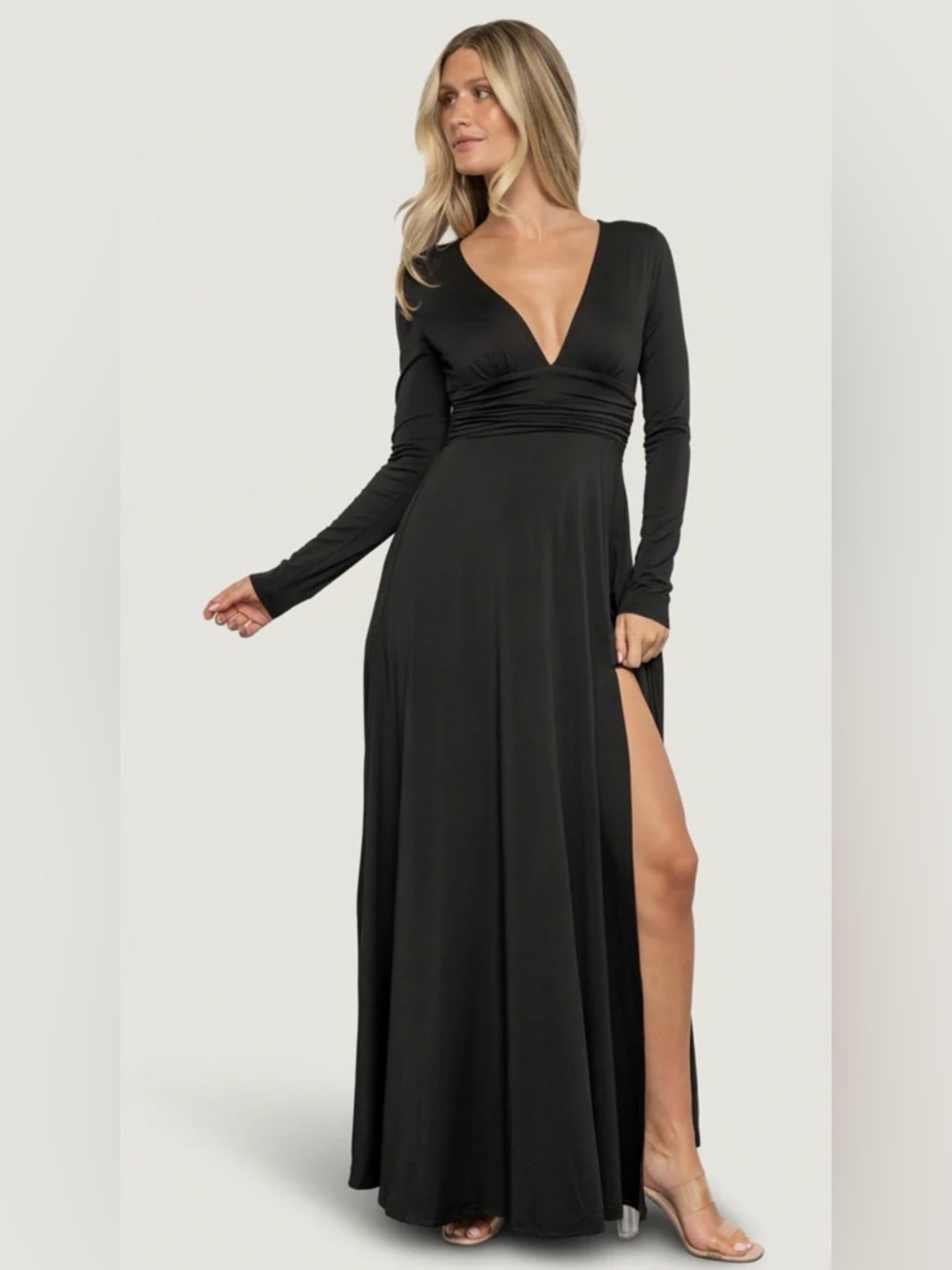 Baltic Born Arianna Black Maxi Dress Sz M V-Neck Long Sleeves Deep Split Formal